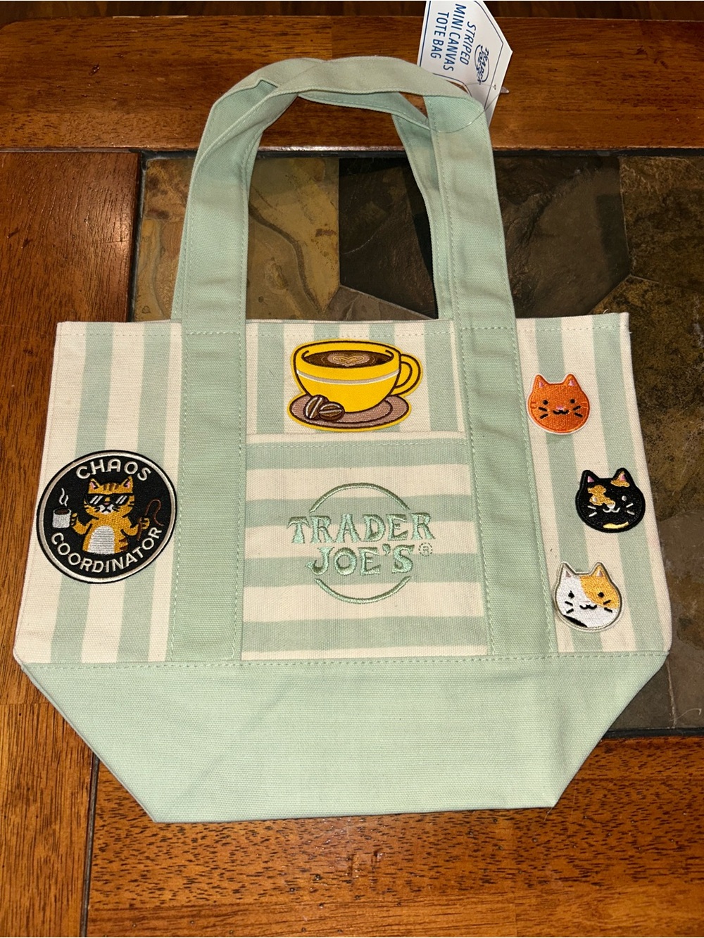 Upcycled Trader Joe's Cat & Coffee Green Striped Canvas Tote